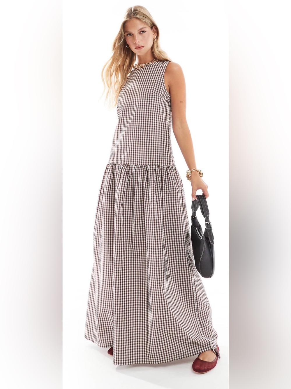 ASOS DESIGN Red Gingham Drop Waist Sleeveless Maxi Dress Size M